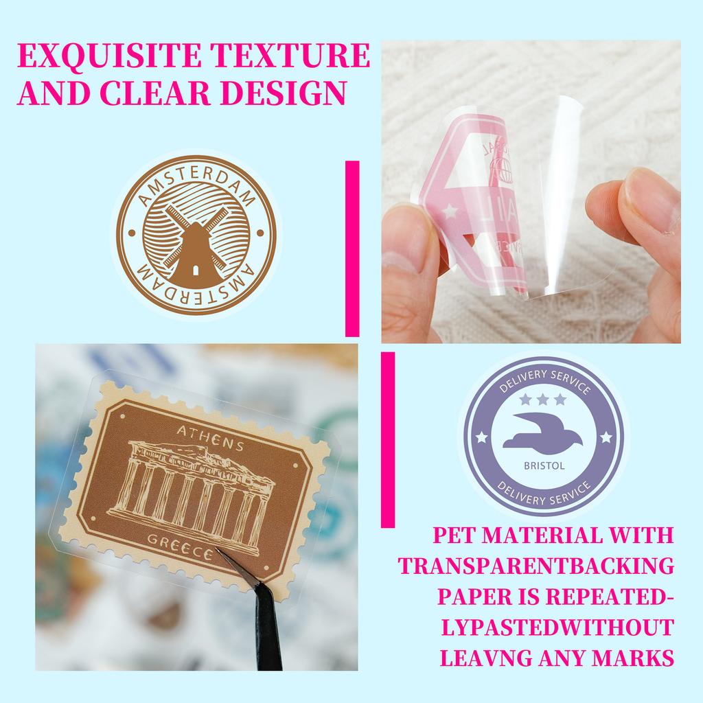 New 50 Minimalist Postmark Series Pet Transparent Stickers High-value Decorative Waterproof Stickers