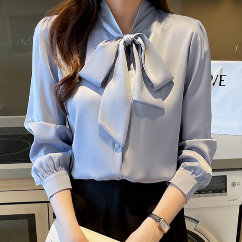 Spring and Summer New Ladies Long Sleeve Chiffon Ribbon Gentle Shirt