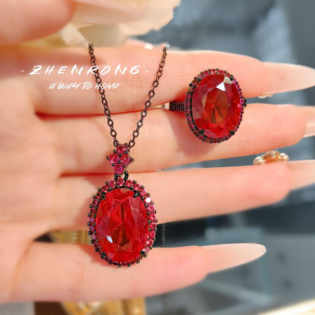 New Diablo Series Pigeon Blood Red Corundum Zircon Sets Personality Black Gold Color Rings Pendant Necklaces Earrings For Women