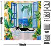 Malerisches Katzen-Duschvorhang-Set Entspannender Fensterblick Wasserdichter Badezimmer-Duschvorhang Tropischer Naturdruck Ruhige Wohnkultur