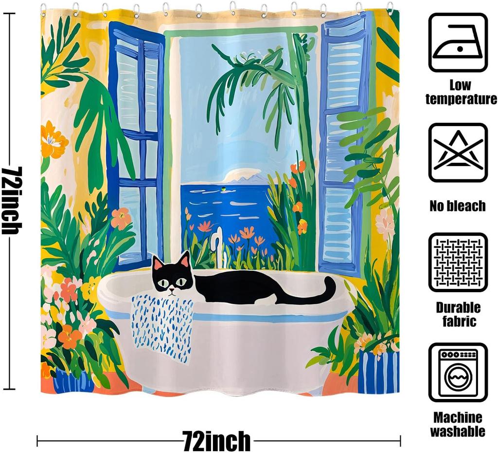 Malerisches Katzen-Duschvorhang-Set Entspannender Fensterblick Wasserdichter Badezimmer-Duschvorhang Tropischer Naturdruck Ruhige Wohnkultur