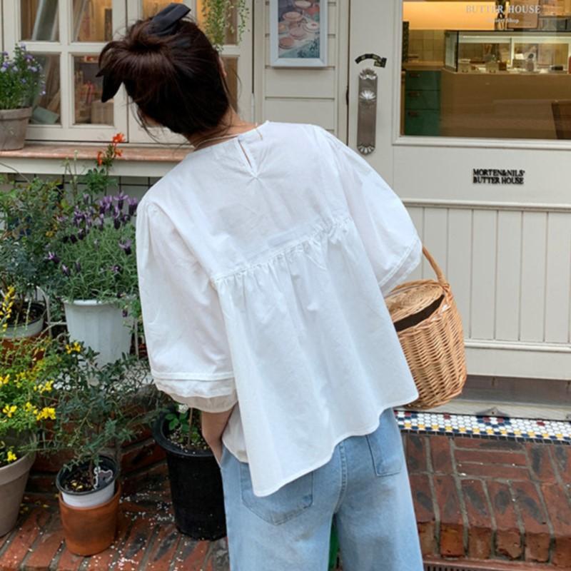 Johnature French Puff Sleeve Top Women Summer Loose White Shirt Korean Casual Lace Lace Doll Shirts