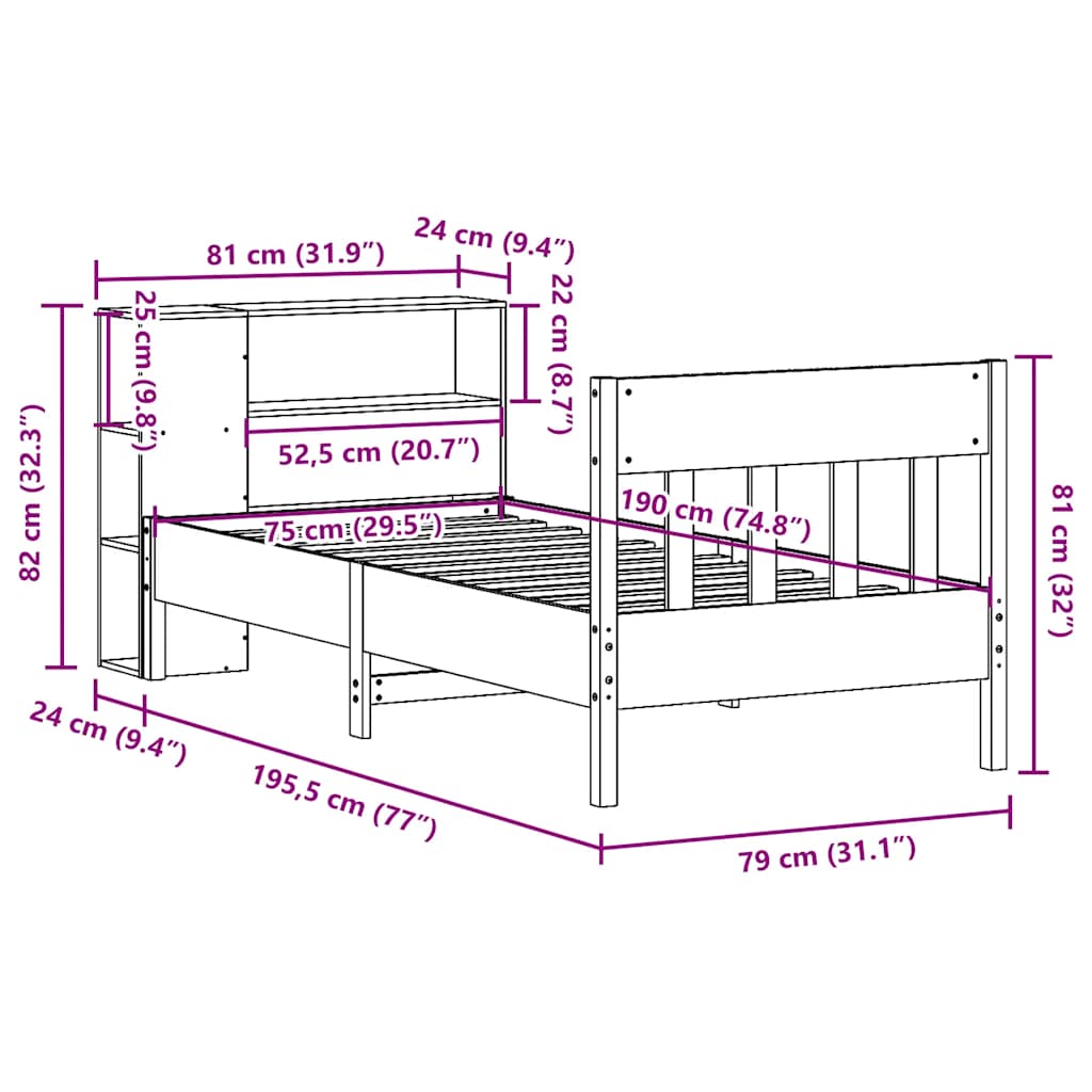 Bookshelf Bed without Mattress 75 x 190 cm Solid Pine Wood