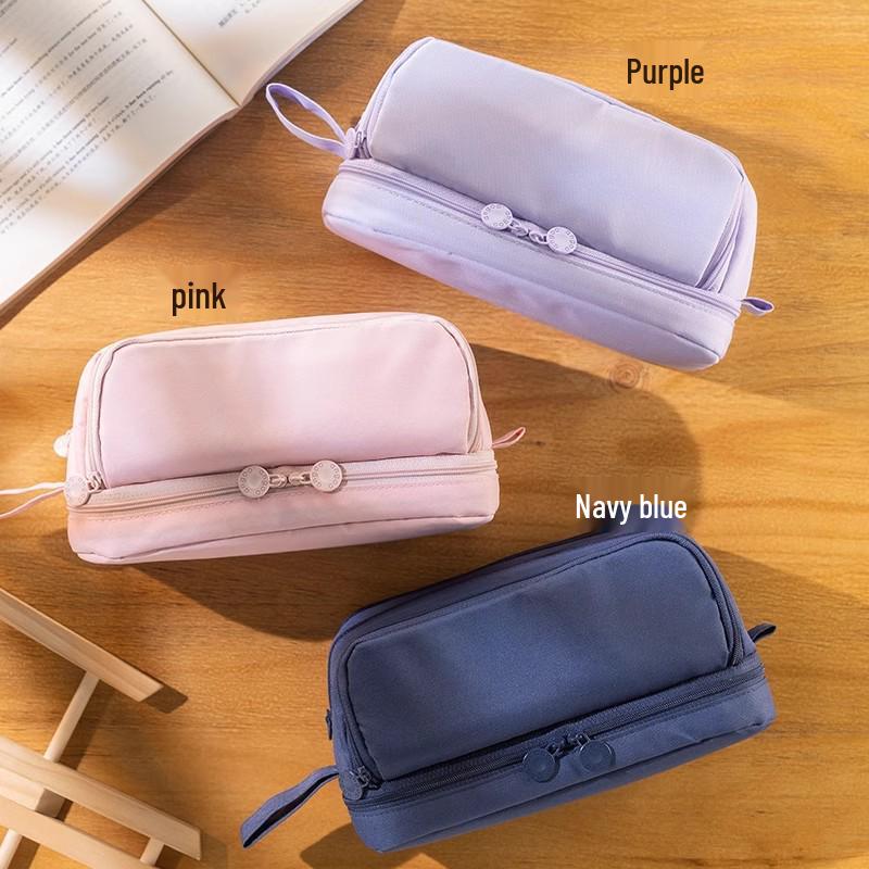 Double Layer Solid Color Pencil Case - Korean & Japanese Style, Large Capacity for Boys and Girls, Middle School Students