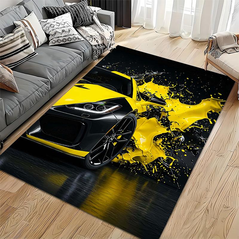Sports Car with Yellow Paint Splash suitable as a non-slip mat for the living room or bedroom sofa