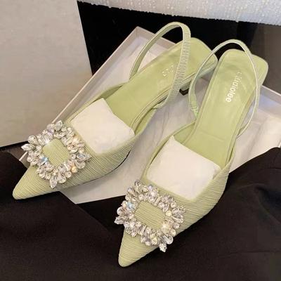 Summer Women Crystal Pumps Elegant Kitten Heels Wedding Shoes Pointed Toe High Heels Slingback Cloth Rhinestones Sandals