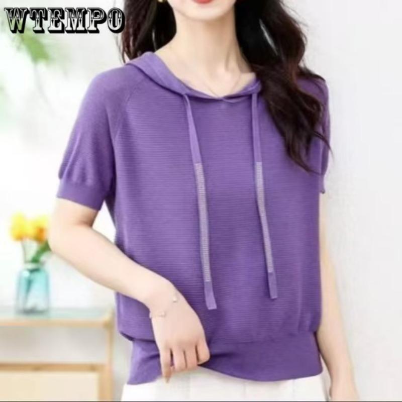 Hooded Pullover Knitted T-shirt for Women Short Sleeved Loose Casual Versatile Slimming T-shirt
