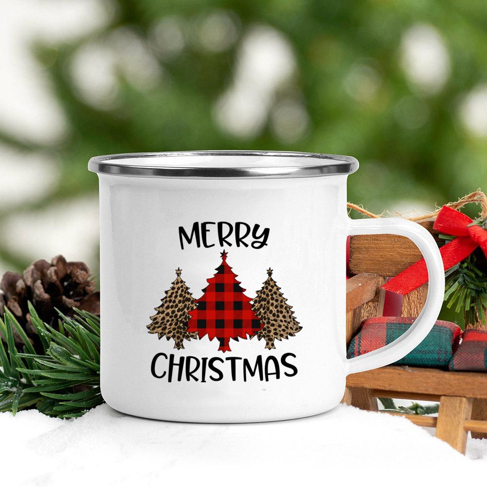 Santa Deer Truck Print Creative Enamel Cups Christmas Party Drink Juice Hot Cococ Cup Mugs Handle Mug Gifts for Family Friends