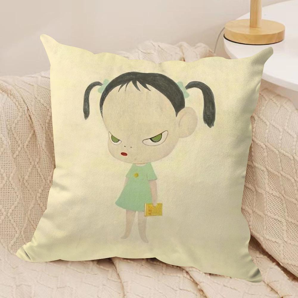 YYoshitomo Nara DDoll Cushion Cover Soft Plush Fabric DoubleSided Printed Sofa Cushion Cover for All Seasons Home Decor Gift
