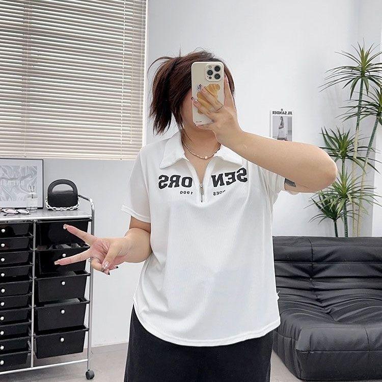 Plus Size Women's Casual Zipper Print Top - Loose Fit Short Sleeve T-shirt for 2025 Summer