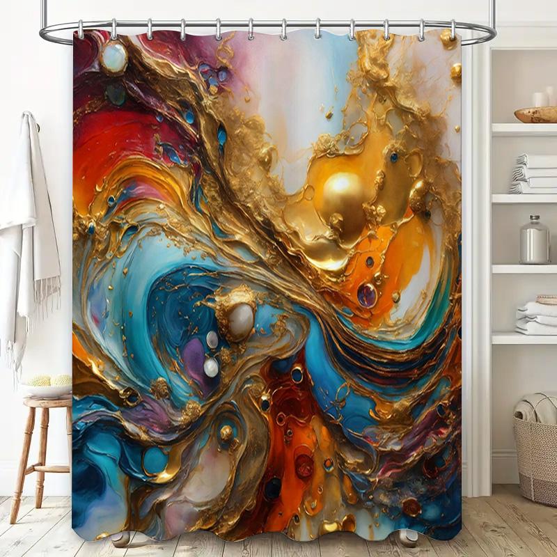 Luxury 3D Printed Shower Curtain Abstract Art Design with Golden Foil Accents Waterproof Bathroom Decoration for Home Decor