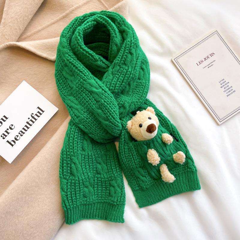 Knitted thick wool bear scarf female student winter pure green children's short scarf thickened to keep warm cute girl