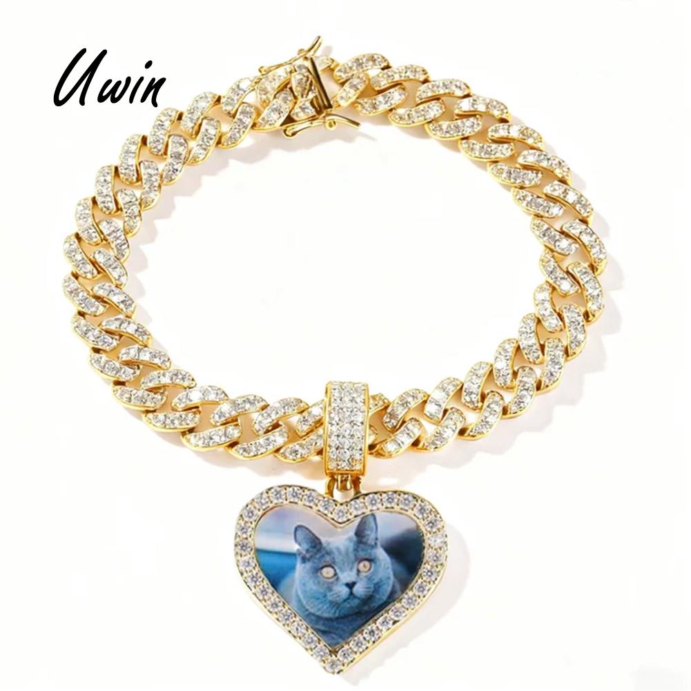 Hip Hop Iced Punk Memory Mini Heart Pendant with 9mm Cuban Chain Photo Bracelet Jewelry 1 bracelet+1 heart pendant&6.5inch(16.51cm) серебряный