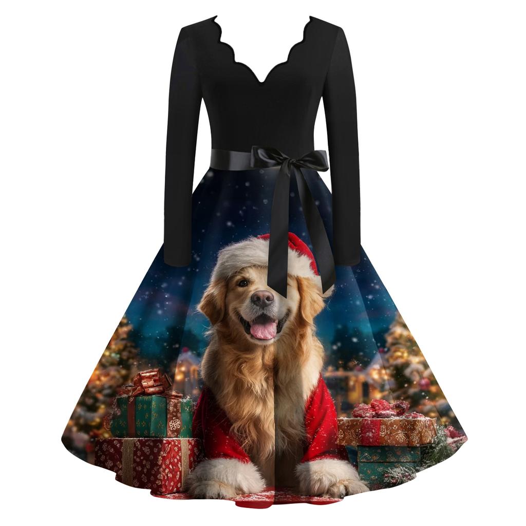 Women's Casual And Fashionable V-neck Long-sleeved Christmas Printed Dress