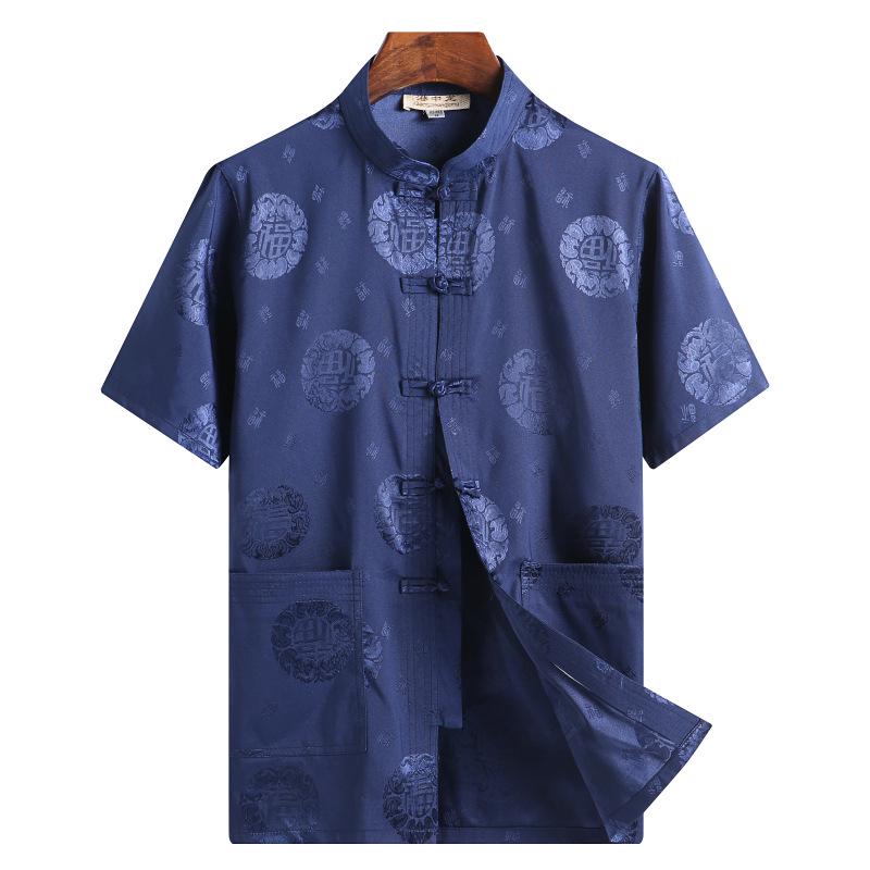 Silk Satin Dragon Tang Suit: Short-Sleeve Hanfu Shirt for Middle-Aged & Elderly Men, Lay Buddhist Attire with Frog Buttons