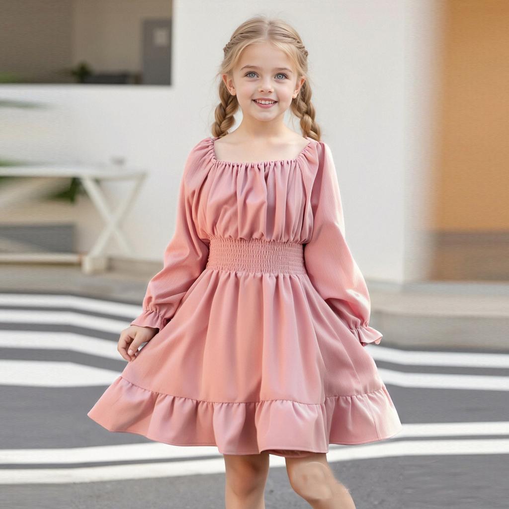 Girls' Fashionable And Cute Solid Color Waist-cinched Square Neck Bell-Sleeve Ruffled Full Skirt Dress