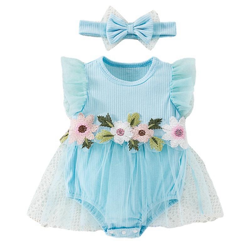 Infant Baby Flower-Embroidered Romper Mesh Dress with Headband