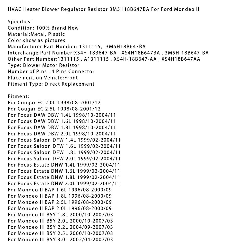 HVAC Heater Blower Regulator Resistor 3M5H18B647BA For Ford Mondeo II