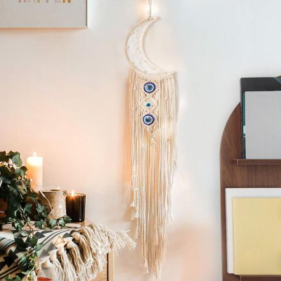Woven Wall Hanging Wall Decoration with Long Tassel- White Cotton Handmade Home Decor Art Craft for Bedroom Dorm Garden