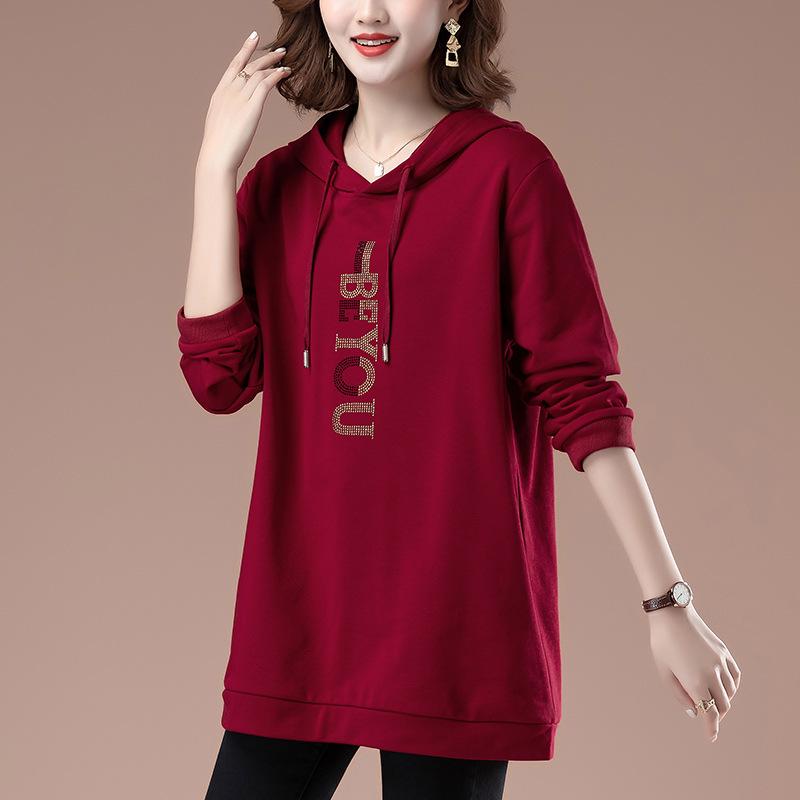 Women's Mid-Length Hooded Sweatshirt - Loose Fit, Plus Size, Casual Top for Spring/Autumn, Hip-Covering Design for Middle-Aged Moms