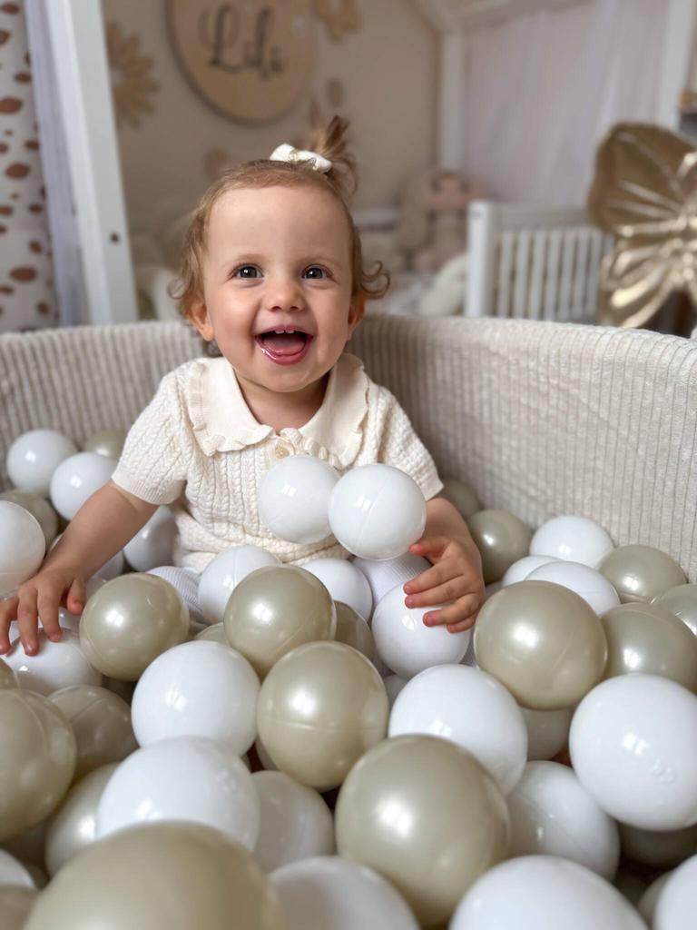 Parco giochi in schiuma con piscina 90x30 Velluto a coste Beige 200 palline: trasparente, bianco, perla, oro chiaro, opalescente