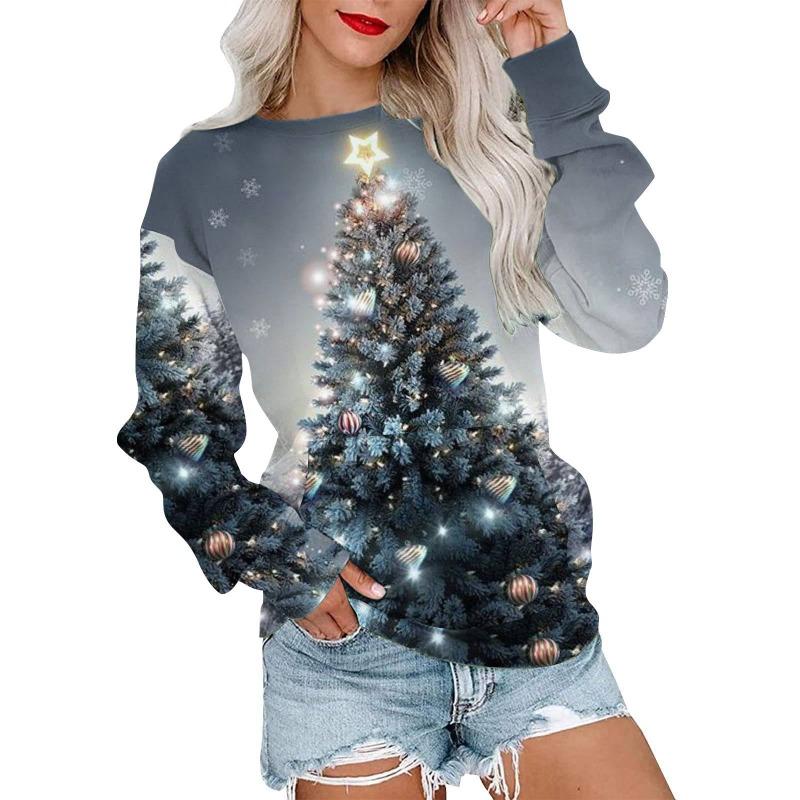 Autumn Winter Fashion Christmas Series Christmas Tree Elk Printed Pocket Round Neck Hoodie