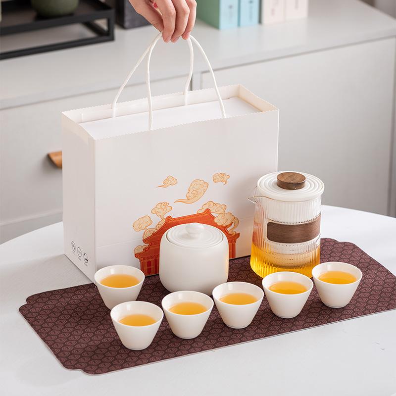 Yuanshan suet jade porcelain travel tea set outdoor set high-end celebration commemorative business souvenir gift box gift bag