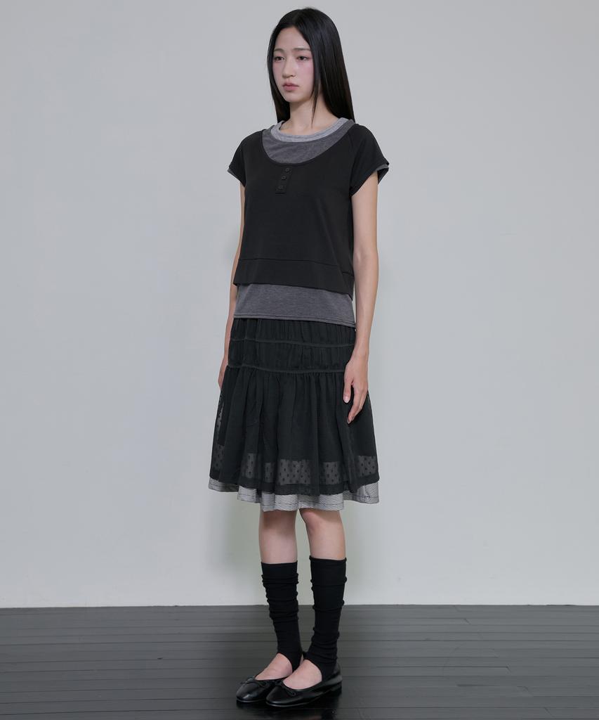 Peulleeoeob Layered Crinkle Check Skirt (Fl-269_Black)