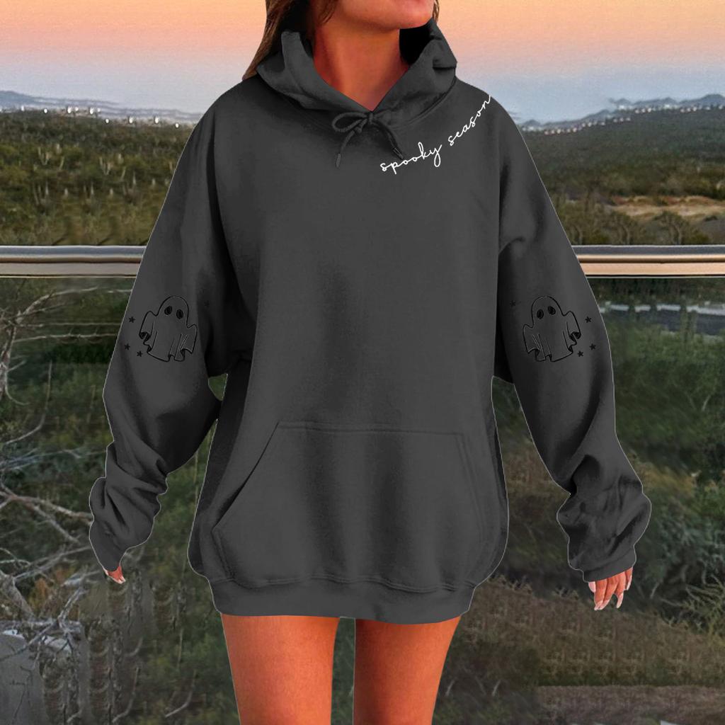 Women's Solid Color Long Sleeve Casual Halloween Print Pullover Hooded Sweatshirt