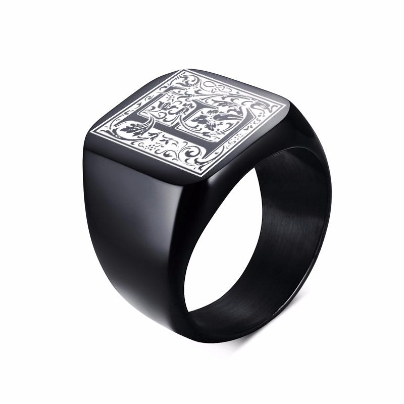 Mens Stamp Ring,Black Stainless Steel Letter Ring Chunky Ring,Rock Punk Jewelry Gift for Him