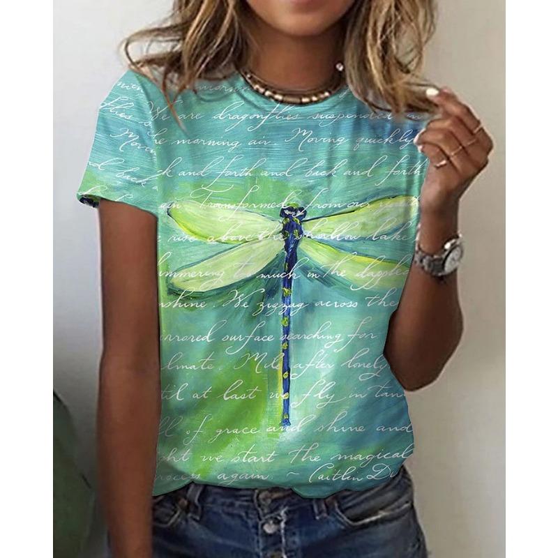 Letnie T-shirty damskie z krótkim rękawem, modne i codzienne, z okrągłym dekoltem i nadrukiem 3D motyla i ważki