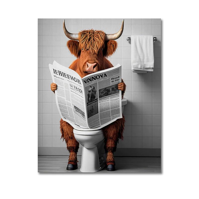 Funny Highland Cow On Toilet Wall Art Poster Prints Rustic Farmhouse Style Canvas Painting Picture for Bathroom Room Home Decor