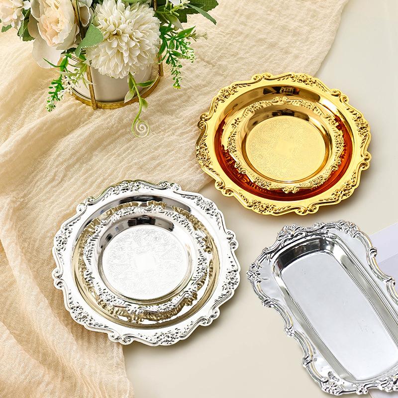 Retro Luxury Silver Plated Plates Cake Dessert Tray Perfume Key Candle Organizer Tray Home Hotel Supplies