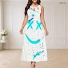 Women Plus Size Round Neck Triple Keyhole Cutout Sleeveless Printed Blue Pink Maxi Dress
