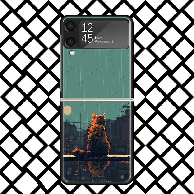 

Anime Cat Rain Animal Phone Case For Samsung Z Flip 7 6 5 4 3 Galaxy ZFLIP7 ZFlip6 5G Flip5 Flip4 Flip3 5g Black Hard Cover Samsung Z Flip 7