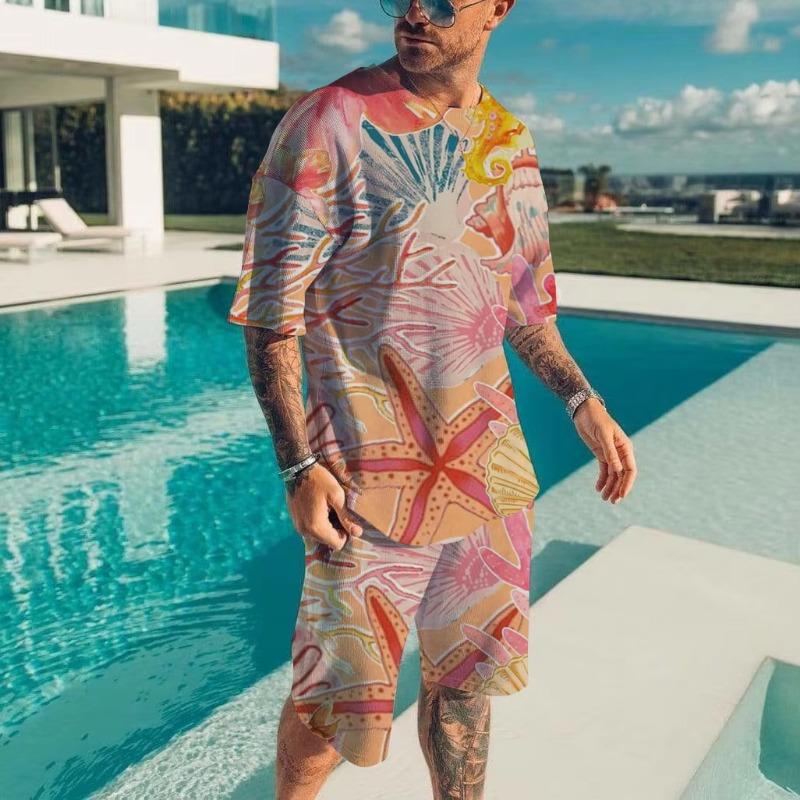 Men's Hawaiian Full Print Suit Casual T-shirt Beach Pants Suit Daily Stylish Men Short-sleeve Top New Mens Tees Short Two Set