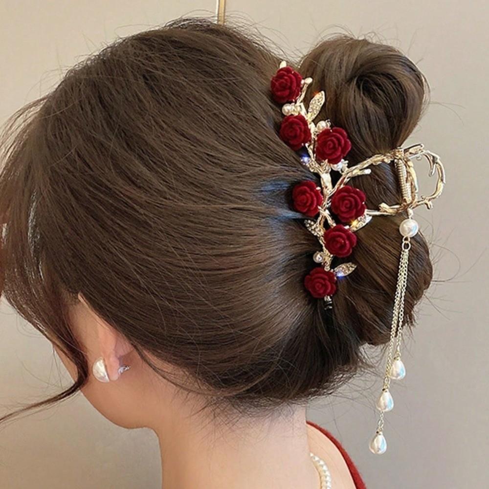 Pearl Tassel Rhinestone Hairpins Red Metal Hairgrip Elegant Rose Hair Claw Clips Hair Accessories