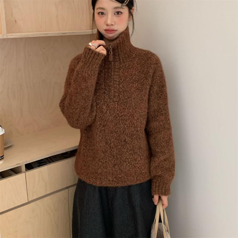 

Flower yarn half zipper pullover knitted sweater outer wear autumn and winter new loose versatile sweater women s top thick one size fits all темно-коричневого кольору
