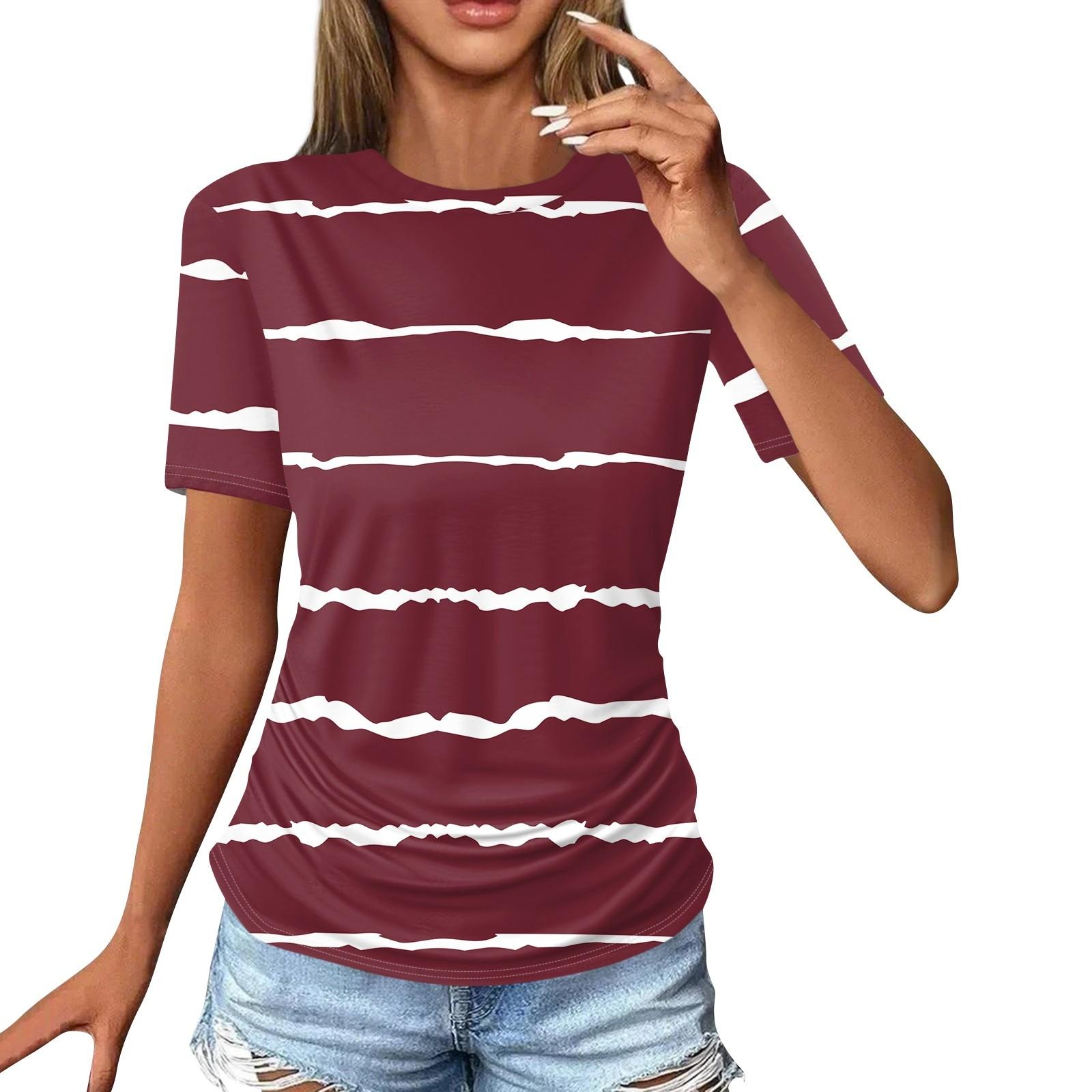 

Женские футболки, модные повседневные топы с круглым вырезом и коротким рукавом, туника с принтом XL винный