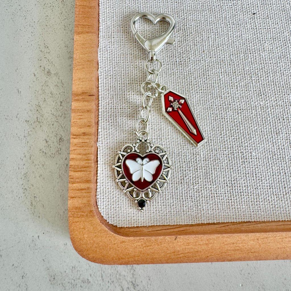 Gothic Coffin Skull & Butterfly Heart Keychain Accessory
