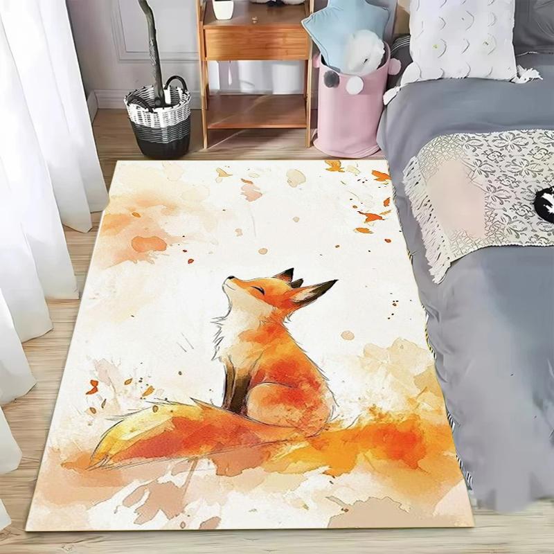 Fox Print Rug 2D Watercolor Scarf Fox Design Carpet for Living Room Large Size Bedroom Floor Mat Warm Cozy Home Decor