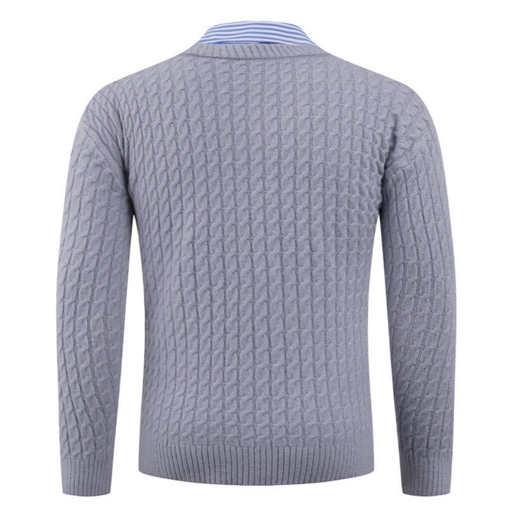 Men's Solid-color Casual V-neck Pullover Knitted Sweater With Two Striped Neck Sweaters