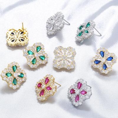 Luxe Léger Cuivre Incrusté de Diamants Colorés, Boucles d'Oreilles Trèfle à Quatre Feuilles, Boucles d'Oreilles Pétales de Fleurs Haut de Gamme pour Femmes Ve1625