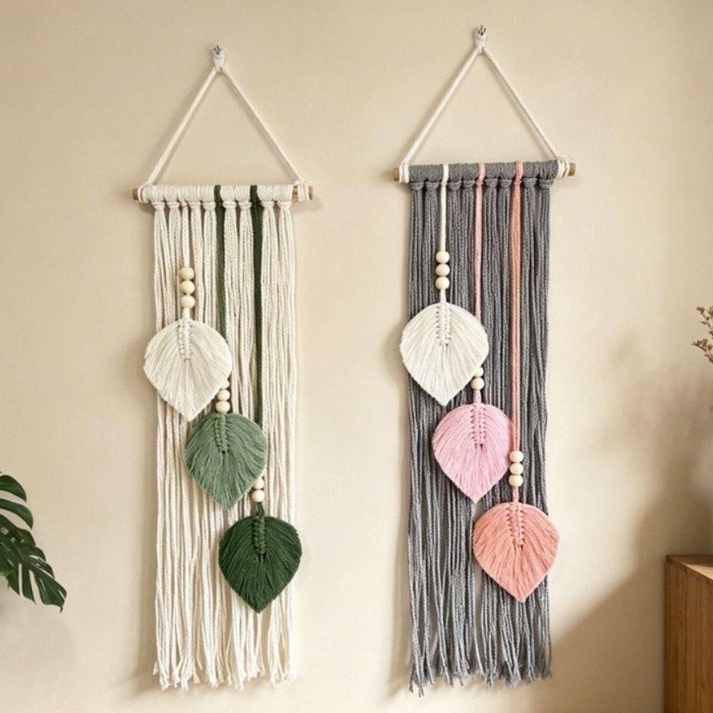 Boho Style Leaf Macrame Wall Hanging 66x20cm Cotton Rope Handmade Woven Ornament Woven Wall Tapestry Home Wedding Decor
