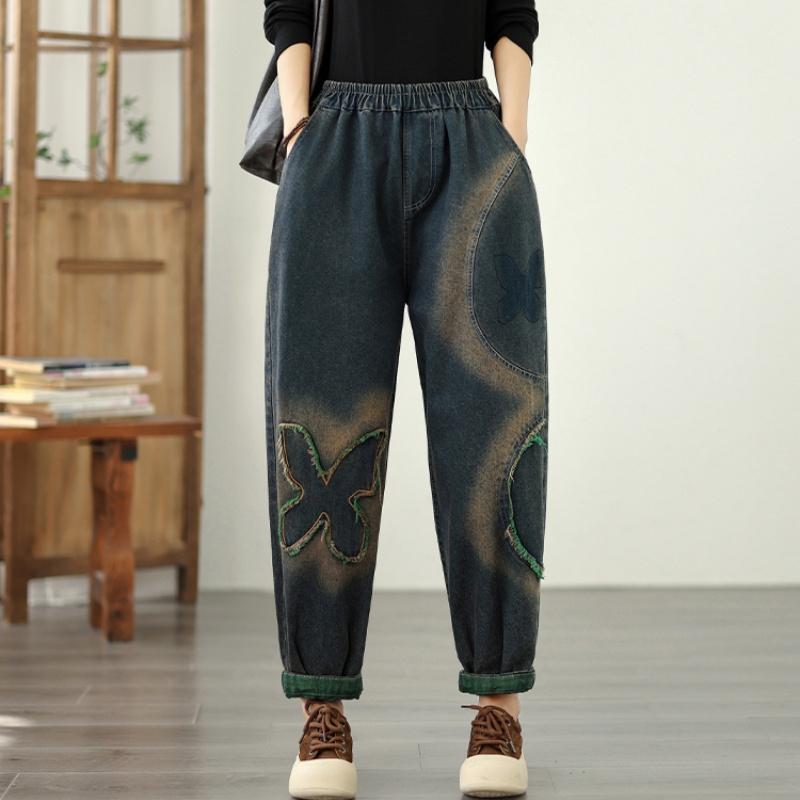 plus size Vintage embroidery high waist casual Women spring autumn jeans denim Harem Pants