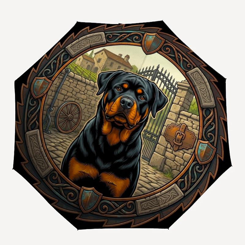Rottweiler Guardian Frame pattern umbrella, portable and foldable design, 8 ribs, a casual accessory for Halloween, Christmas, and birthday gifts.