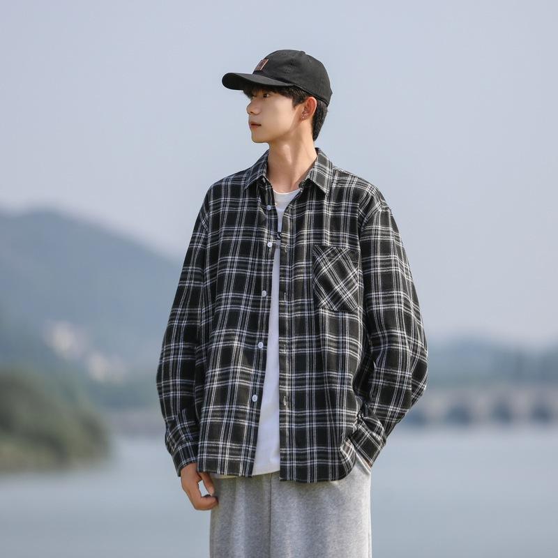 Japanese Plaid Shirt Men's Long-sleeved Spring and Autumn Retro Teenager Feel Handsome Trendy Casual Shirt Jacket