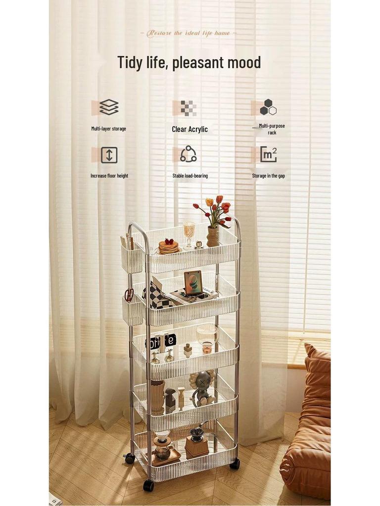 Clear Acrylic Mobile Snack and Storage Rack: Multi-layer, Small, Floor-Standing for Living Room or Bathroom