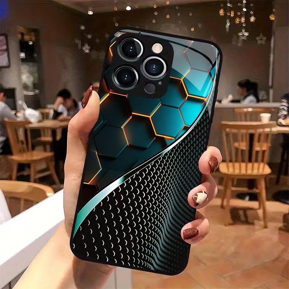 Fashionable honeycomb line splicing pattern tempered glass phone case suitable for iPhone 17 16 15 14 13 12 11 Pro/Max/Plus