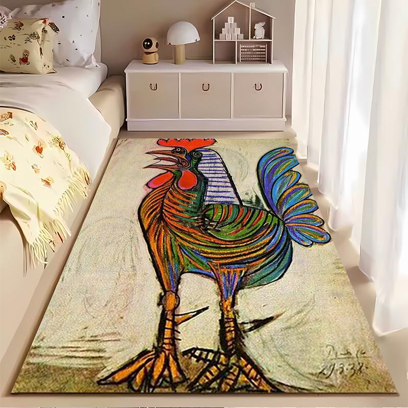 Colorful Artistic Rooster Illustration Rug Non-slip Rug Suitable for Living Room and Bedroom Sofas.